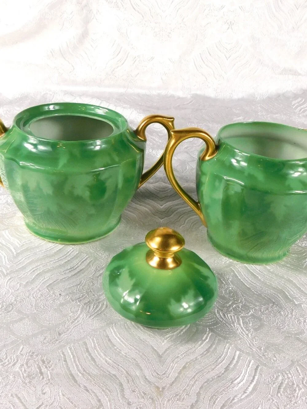 Green Pickard Teapot with Sugar Bowl, Creamer and Five Cups  # 27424